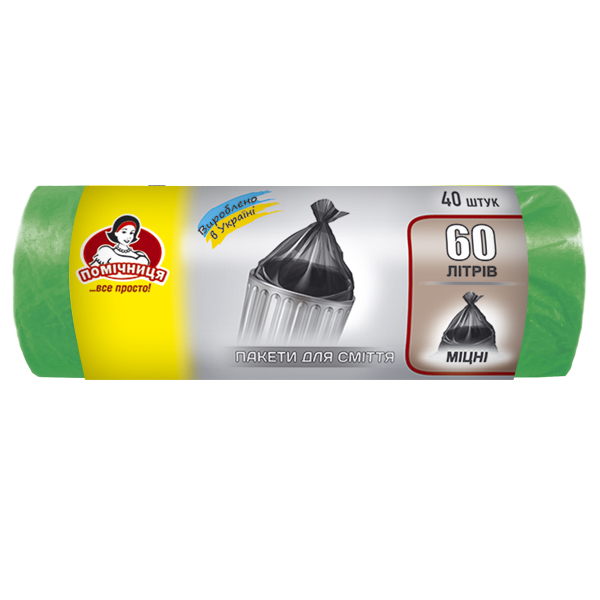 Пакети для сміття ТМ "Помічниця" 60л 40шт HDPE, 60см х 70см, зелені